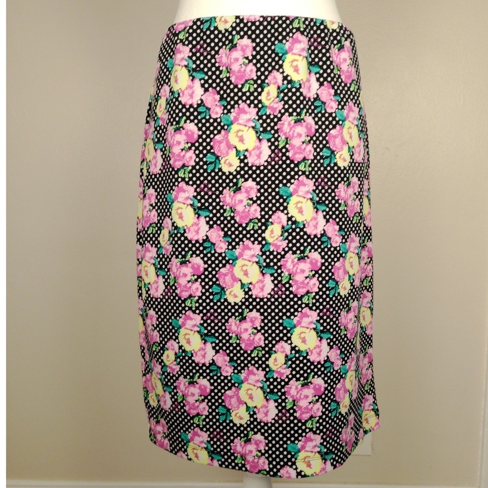 Betsey Johnson Womens Medium Floral Polka Dot Pencil Skirt Black Pink Rose